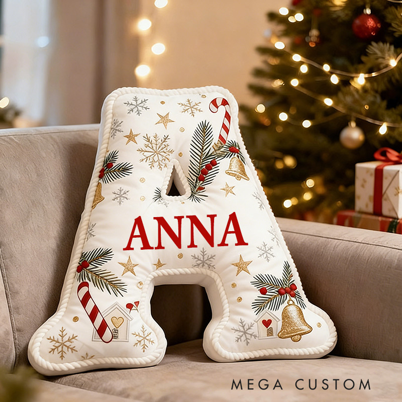 Personalized Christmas Initial Pillow Graphic 3D Print Custom Name Pillow Festive Holiday Decor Cozy Home Accent Soft Cushion Gift for Family and Kids 