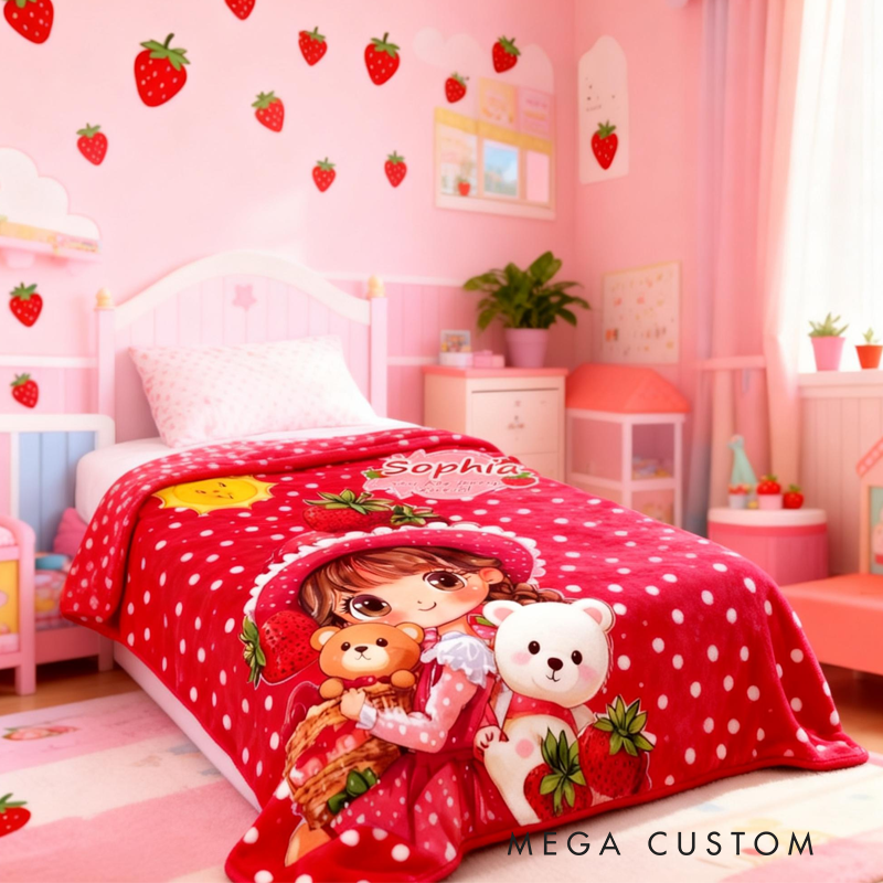 Personalized Strawberry Themed Blanket with Name Home Decor Birthday Gift for Kids 