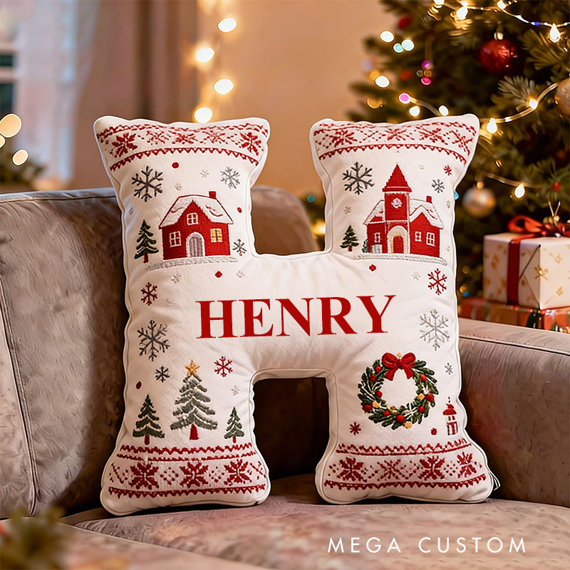 Personalized White Christmas Letter Pillow Graphic 3D Print Custom Name Holiday Decor Cushion with Seasonal Perfect Gift for Family Christmas Gift