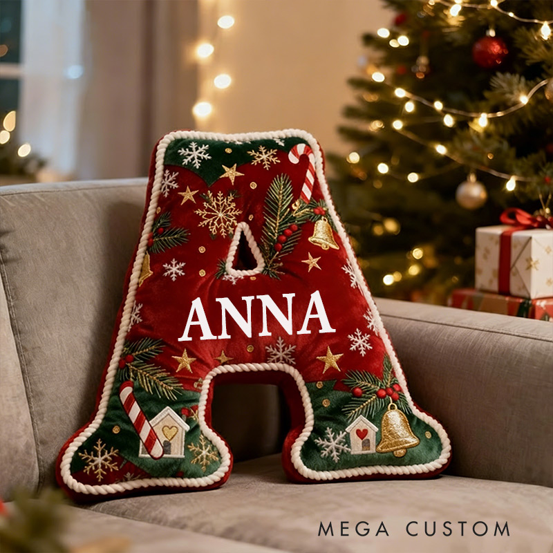 Personalized Christmas Initial Pillow Graphic 3D Print Custom Name Pillow Festive Holiday Decor Cozy Home Accent Soft Cushion Gift for Kids Family