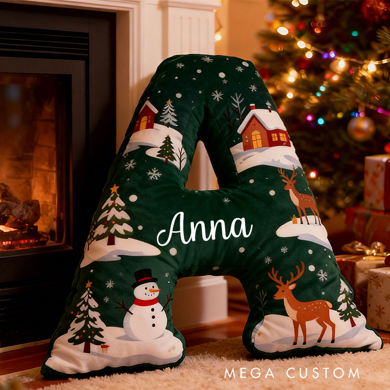 Personalized Green Christmas Letter Pillow Custom Name Festive Decor with Snowman Reindeer First Christmas in New Home Gift Graphic 3D Print