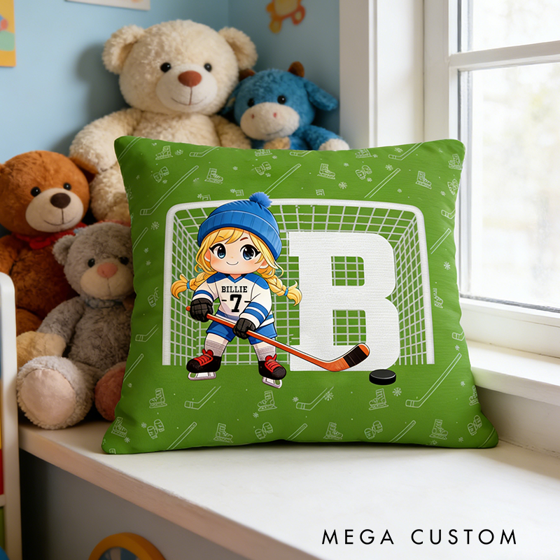 Personalize Your Childs Ice Hockey Pillow with Custom Name and Number
