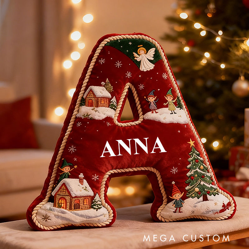 Personalized Red Christmas Initial Pillow 26 Letter Pillow Graphic 3D Print Custom Name Festive Decor with Angels Elves Cabin Family Gifts