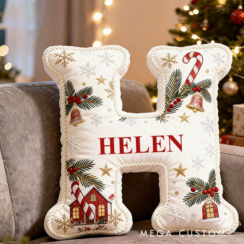 Personalized Christmas Letter Pillow Graphic 3D Print Custom Name Cozy Holiday Decor with Festive Candy Cane and Holly Design Soft Accent Cushion