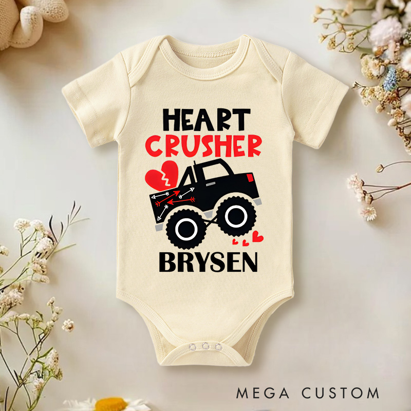 Personalized Heart Crusher Truck Valentine's Baby Onesie Gift for New Baby