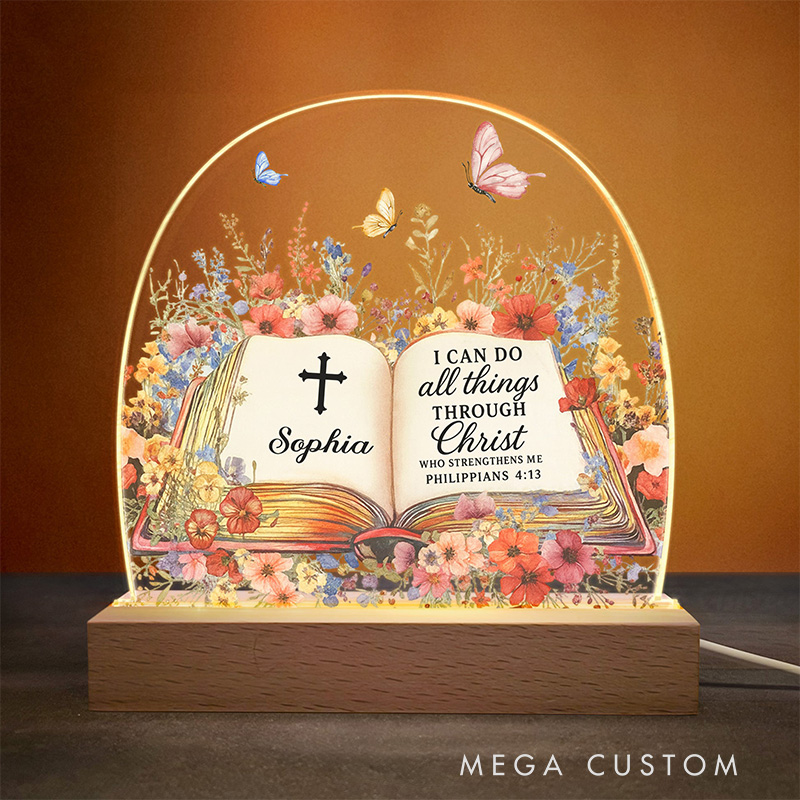 Personalized Name with Book of Favorite Bible Verses LED Night Light Home Decor Butterfly and Floral Night Light Religious Christian Gift for Her