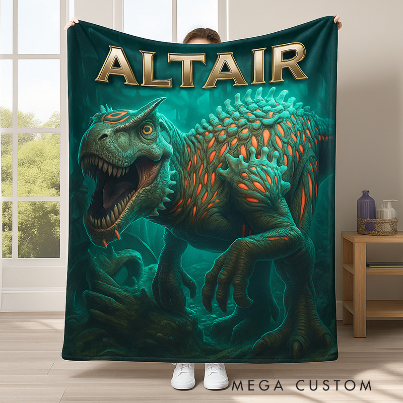Personalized Ferocious Dinosaur Theme Custom Name Green Jungle Adventure Kids Cozy Blanket Blanket