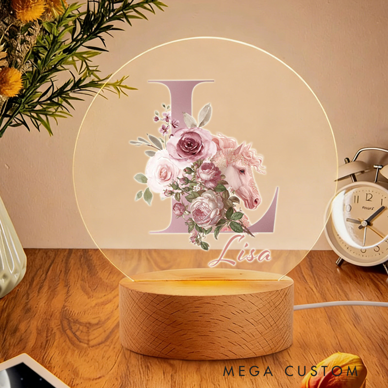 Personalized Fantasy Horse Riding Initial Name LED Night Light with Wooden Base Room Decor Baby Shower Birthday Gift for Kid New Mom Riding Lovers Equestrian Lovers
