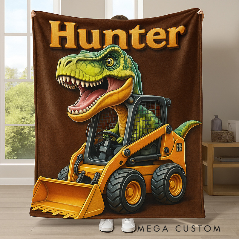Personalized Dinosaur And Digger Theme Custom Name Fun Kids Cozy Bedroom Decor Blanket Blanket