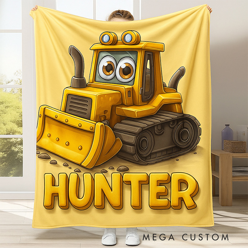 Personalized Cute Bulldozer Theme Custom Name Fun Construction Vehicle Kids Cozy Blanket Blanket