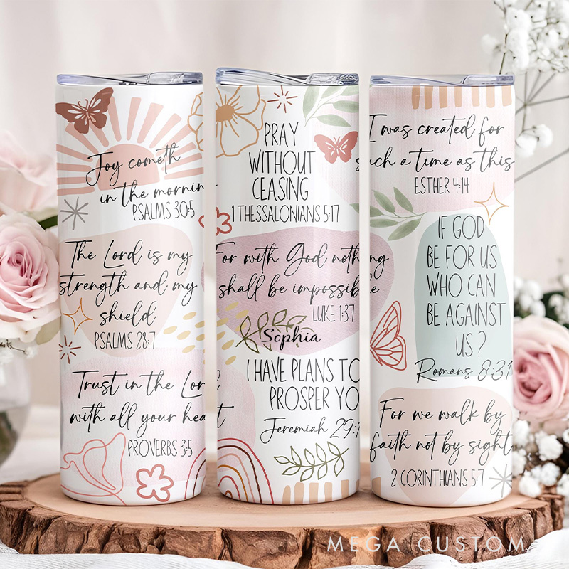 Personalized Bible Verse 20oz Skinny Tumbler with Lid and Straw Custom Name Tumbler with Scripture Faith Based Cup for Christian Religious Gift