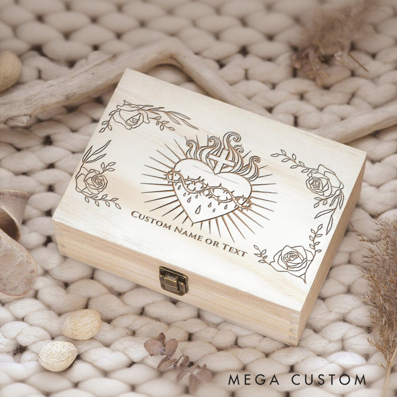Personalized Sacred Heart Wooden Keepsake Box with Custom Name or Text Faith Home Decor Christian Memory Box Prayer Box Catholic Gift Religious Gift