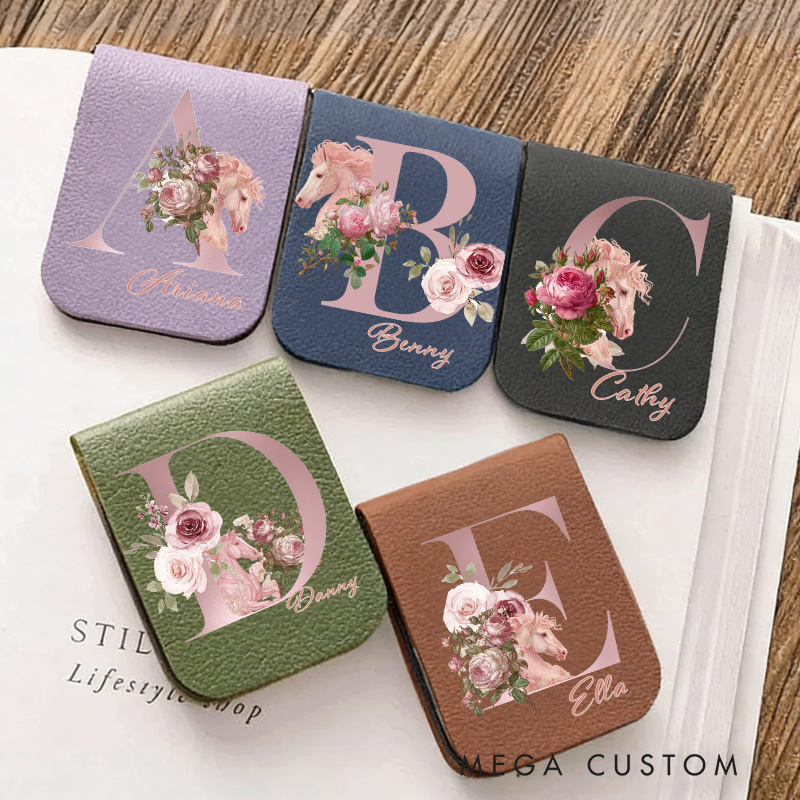 Personalized Initials Letter PU Leather Magnetic Bookmark Clip with Name Daily Use Birthday Gift for Book Lovers Riding Lovers Equestrian Lovers