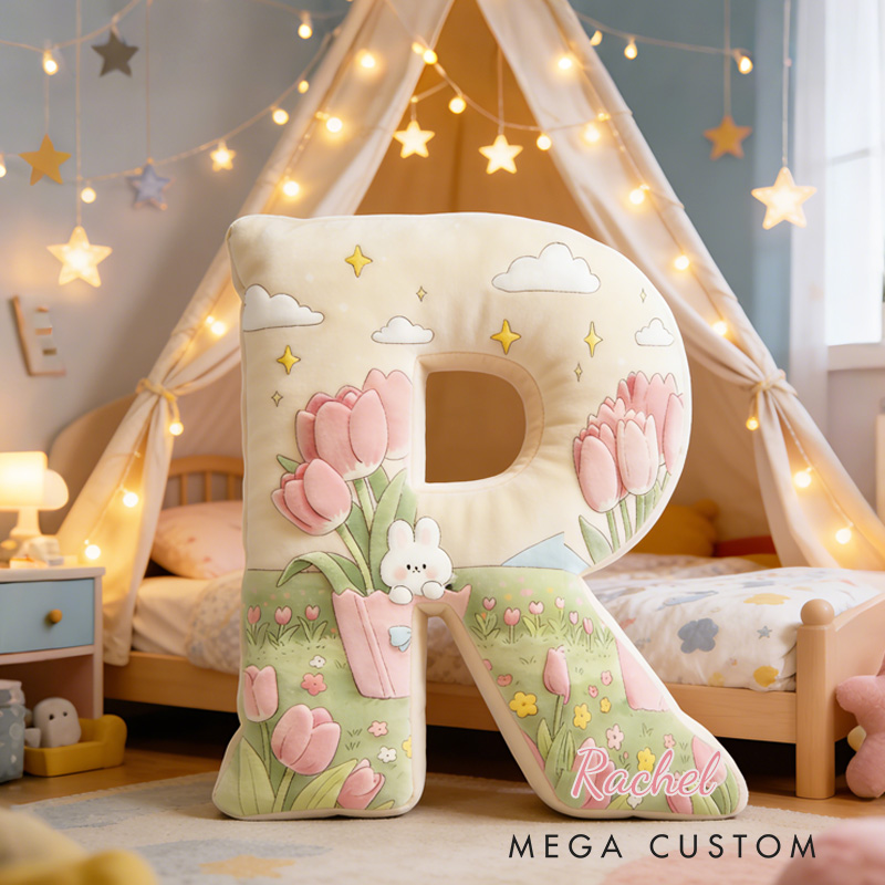 Personalized Rabbit and Tulip Throw Pillow Graphic 3D Print Tulip Pillow with Name for Girl Boy Kids Gardening Lover Christmas Gifts Loving Room Decor