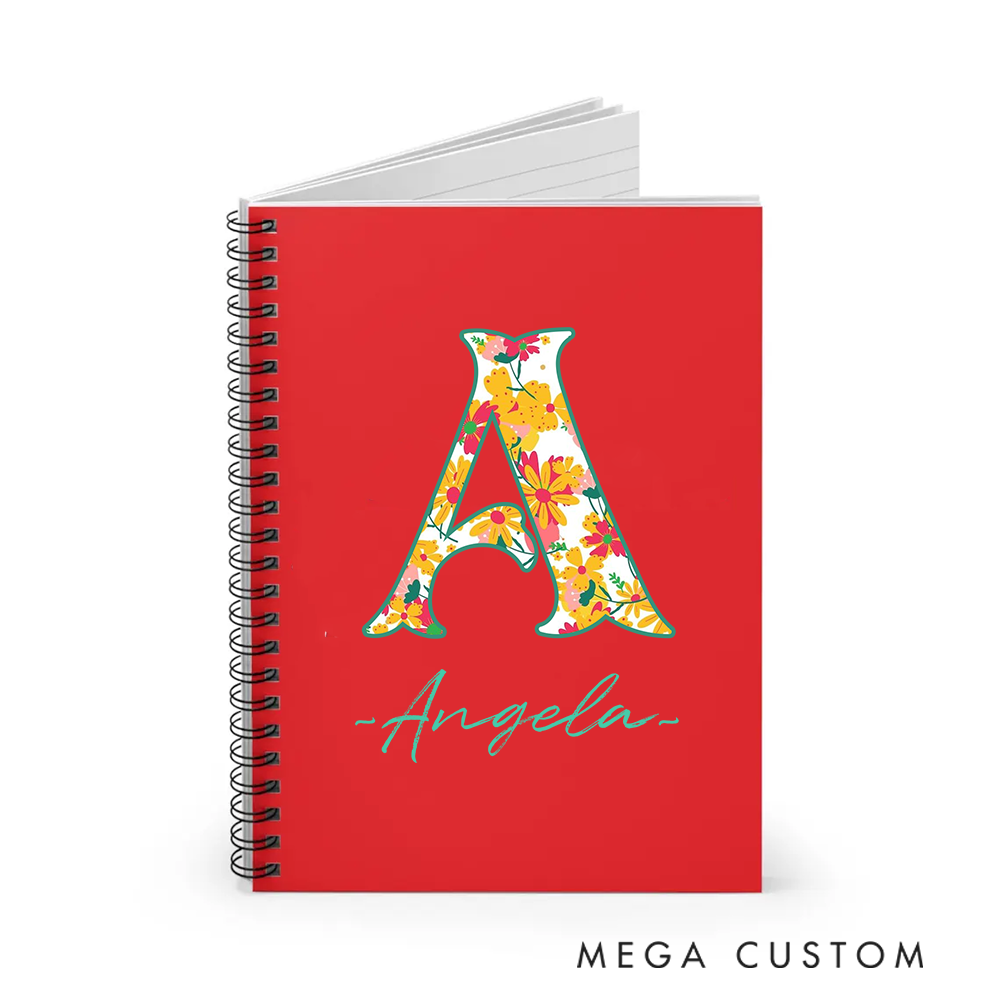Personalized A5 Spiral Notebook Beautiful Floral Initial Design Gift with Custom Name for Everyday Use