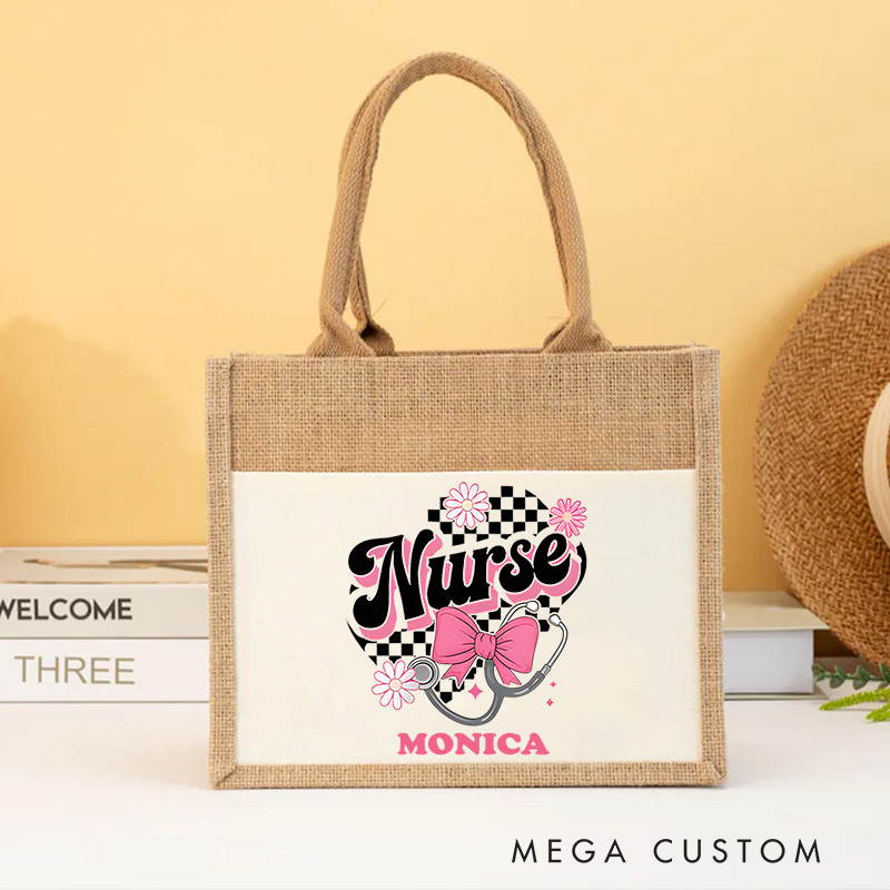 Personalised Nurse Burlap Tote Bag Nurse Chic and Caring Design Perfect Gift for Yourself or a Loved One