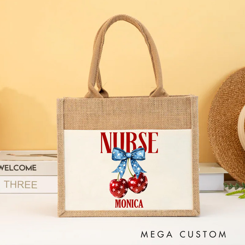 Personalised Nurse Burlap Tote Bag Nurse Sweet and Patriotic Design Perfect Gift for Yourself or a Loved One