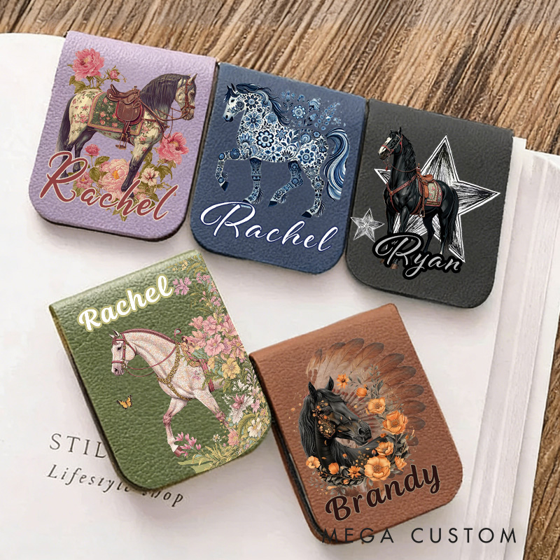 Personalized Horse PU Leather Magnetic Bookmark Clip with Name Daily Use Birthday Gift for Book Lovers Riding Lovers Equestrian Lovers