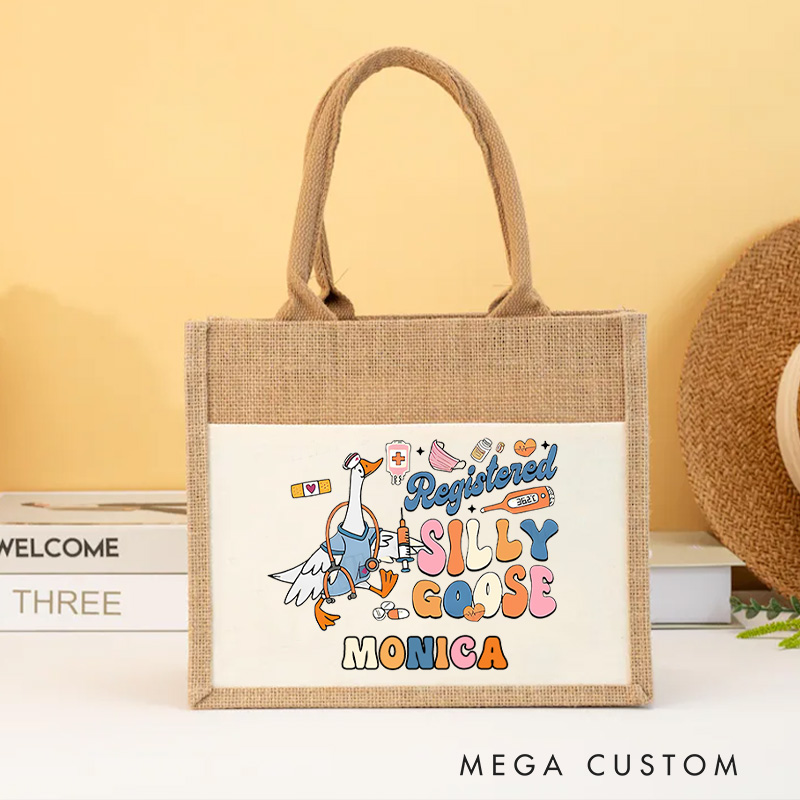 Personalised Nurse Burlap Tote Bag Registered Silly Goose Nurse Edition Design Perfect Gift for Yourself or a Loved One
