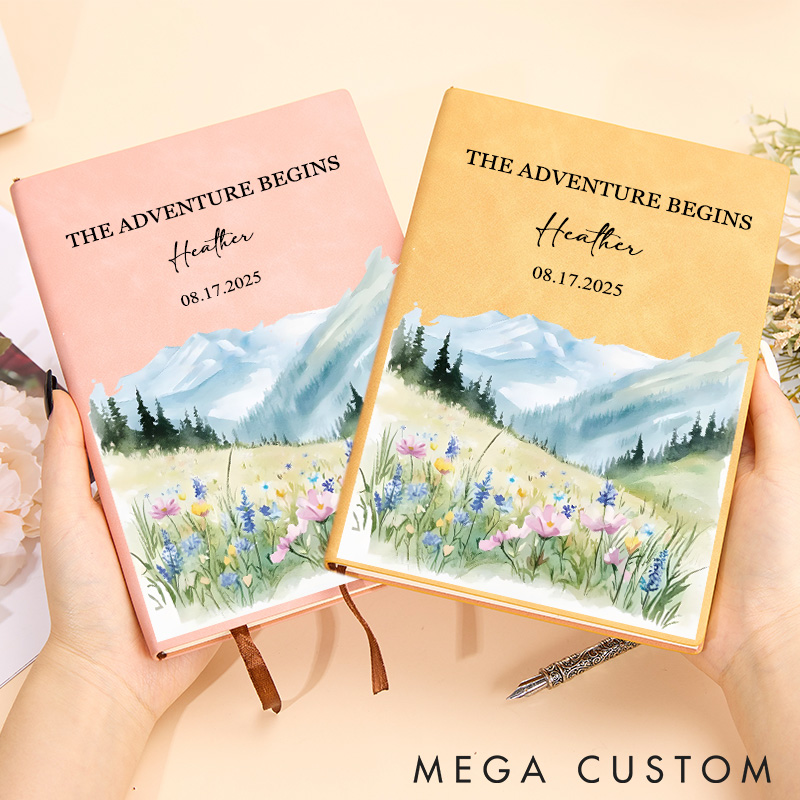 Personalized Scenic Adventure Journal Hiking Watercolor Landscape Notebook Meadow Floral Nature Journal Outdoor Adventurers Lover Gift