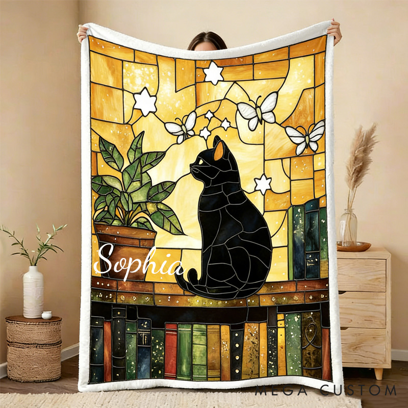 Personalized Stained-Glass Style Books Throw Blanket Custom Book and Cat Blanket for Book Lovers Reader Bookish Bookworm Librarian Gift