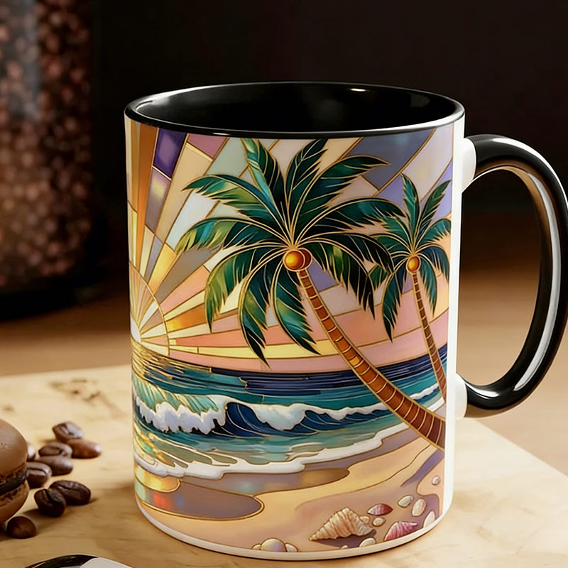 Personalized Beach Sunrise Stained Glass Style Mug Custom Name for Traveling Lovers