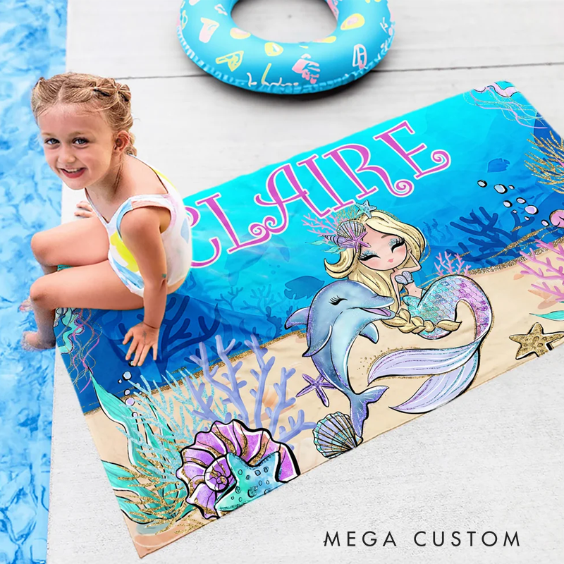 Personalized Fantasy Mermaid Quick Dry Oversized Beach Towel with Name Beach Party Holiday Gift for Girls