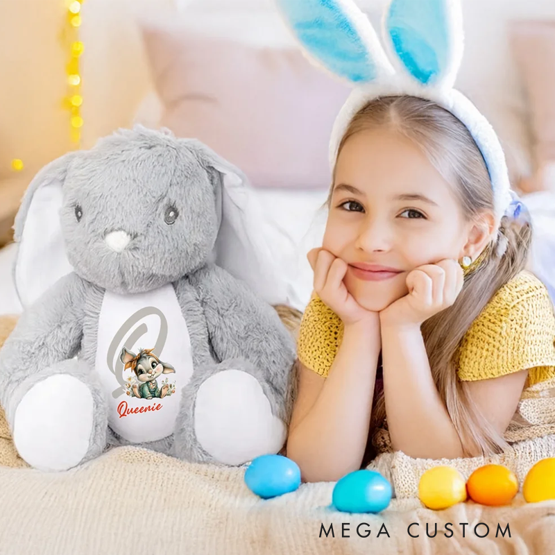 Personalized Cute Rabbit Plush Easter Bunny Stuffed Toy with Initial and Name Easter Gift for Newborns Kids