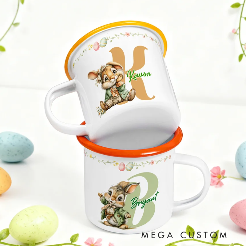 Personalized Cartoon Easter Bunny Initial 12 oz Colored Rim Enamel Mug with Name Easter Gift for Boys and Girls