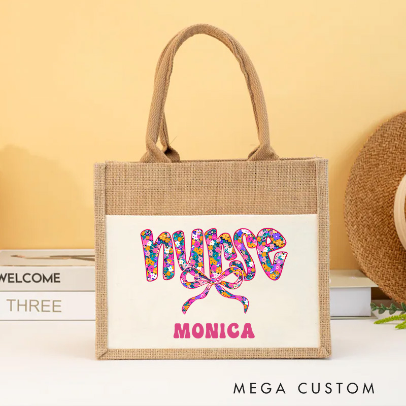 Personalised Nurse Burlap Tote Bag Nurse Floral and Fabulous Design Perfect Gift for Yourself or a Loved One