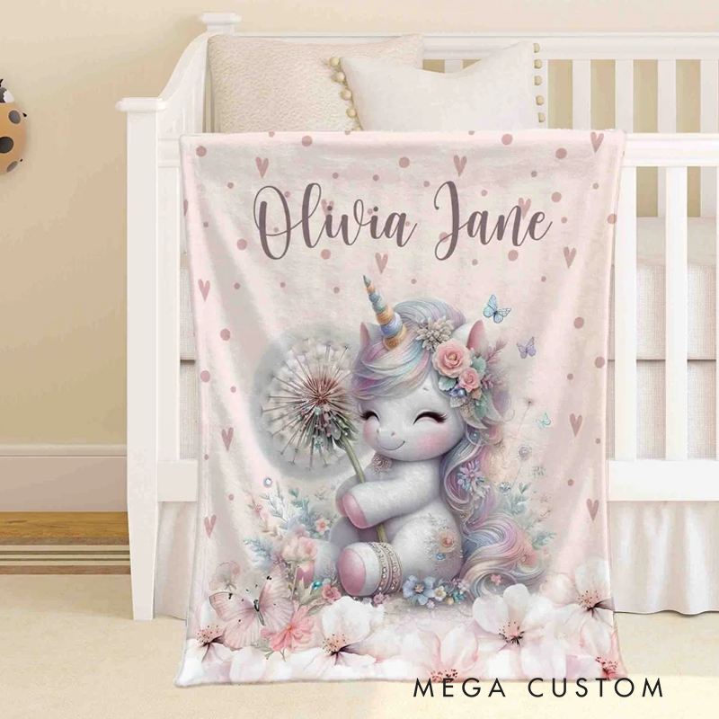 Personalized Christmas Blanket Little Unicorn Kids Custom Name Blanket Spring Floral Baby Shower Gift For Girls