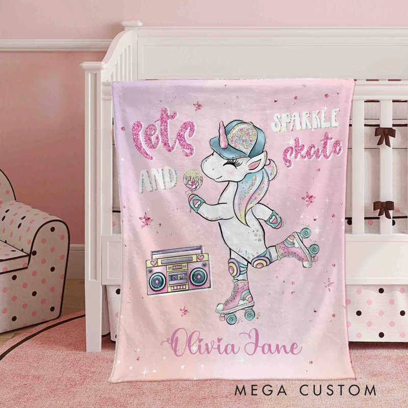 Personalized Magic Skating Blanket Roller Skate Kids Custom Name Blanket Gift For Kids Gift for Skater Magic Girl Room Decor Kids Magic Throw