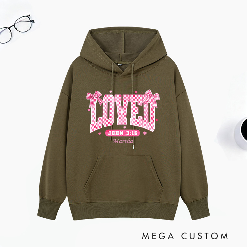 Personalized Checkered Loved John 3:16 Bible Verse Classic Hoodies with Name Retro Hoodies Religious Gift Valentines Day Gift for Couple