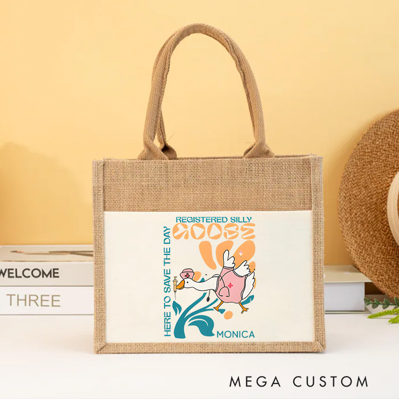 Personalised Nurse Burlap Tote Bag Registered Silly Goose Here to Save the Day Design Perfect Gift for Yourself or a Loved One