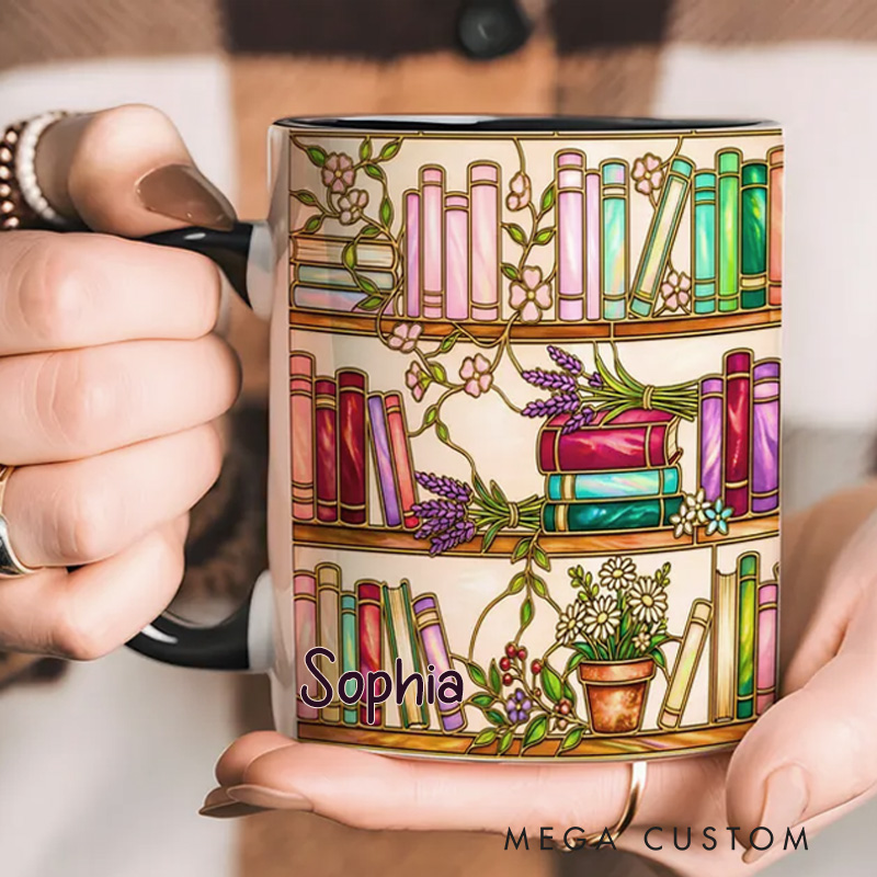 Personalized Stained Glass Floral Bookshelf Mug Custom Colorful Bookish Reader Coffee Cup with Name for Bookworm Reader Book Lover Booktoker Librarian Gift