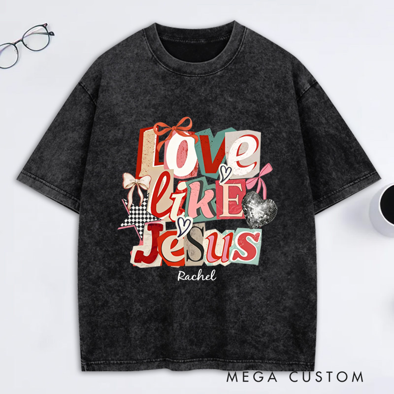 Personalized Love Like Jesus Vintage Washed T-Shirt with Custom Name Preppy Valentine’s Day Checkered Tee Coquette Jesus Shirt Valentine’s Day Gift
