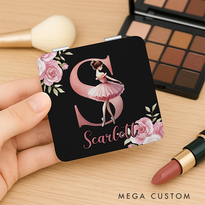 Personalized Ballerina Alphabet Floral PU Leather Makeup Mirror Dance Team Gift Dancer Gift Travel Hair Case for Dancer Dance Lover Kids