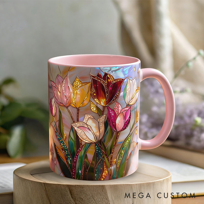 Personalized Stained Glass Print Tulip Mug Floral Art Mug Custom Name for Gardening Lovers