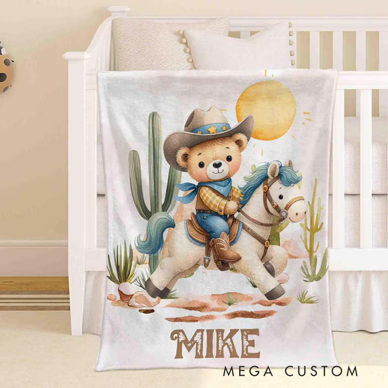 Personalized Cowboy Horse Blanket Personalized Western Nursery Blanket Toddler Animals Throw Kids Custom Name Blanket Baby Shower Gift For Boys