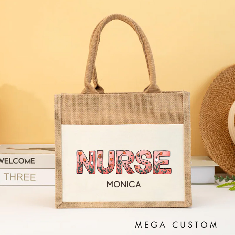 Personalised Nurse Burlap Tote Bag Nurse Blooming with Care Design Perfect Gift for Yourself or a Loved One