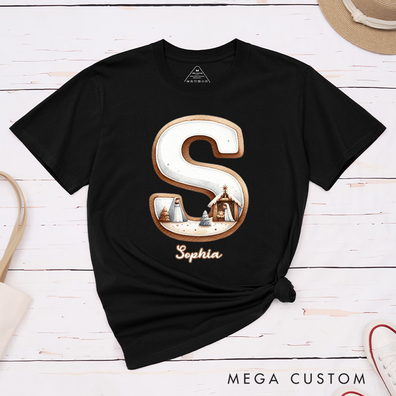 Personalized Nativity Scene Classic T-Shirt with Initial and Name Christian Shirt Religious Gift Faith Gift for Christians