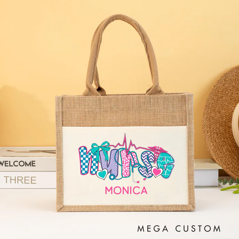 Personalised Nurse Burlap Tote Bag Whimsical Nurse Design Perfect Gift for Yourself or a Loved One