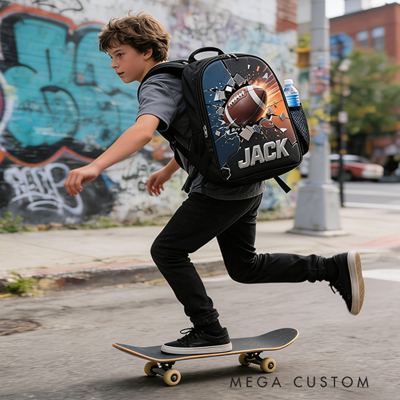 Personalized Football Backpack with Custom Name and Dynamic Design for Football Fans Black to School Gift