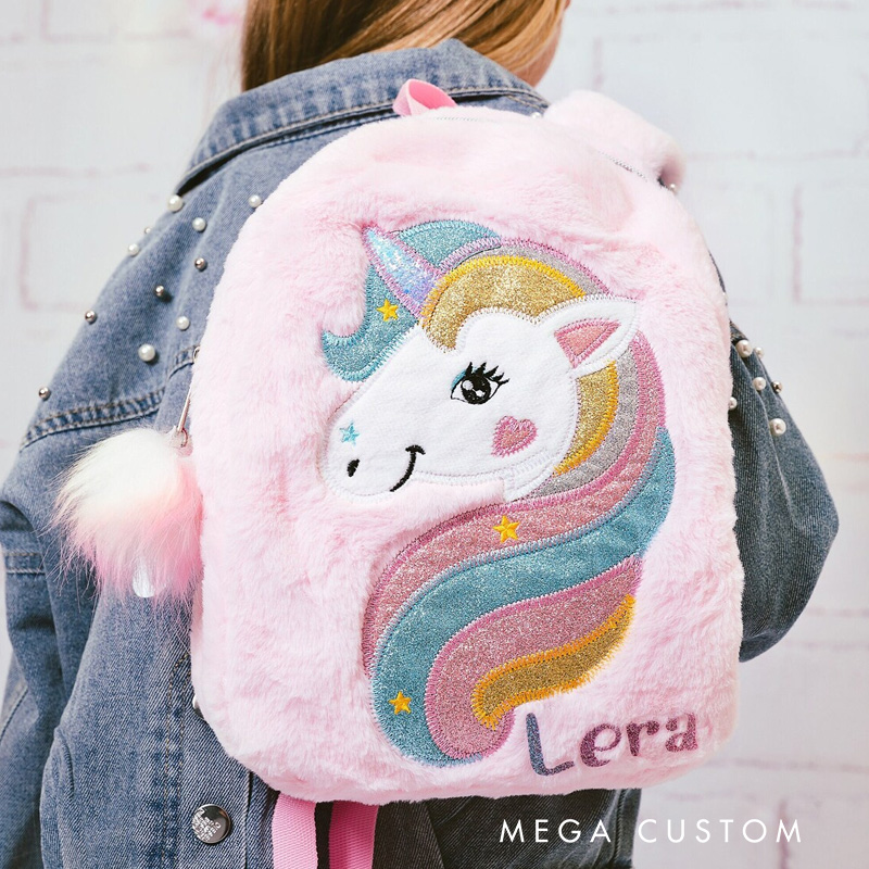 Personalized Cute Dream Horse Theme Custom Name Soft Plush Pink Girls School Travel Backpack