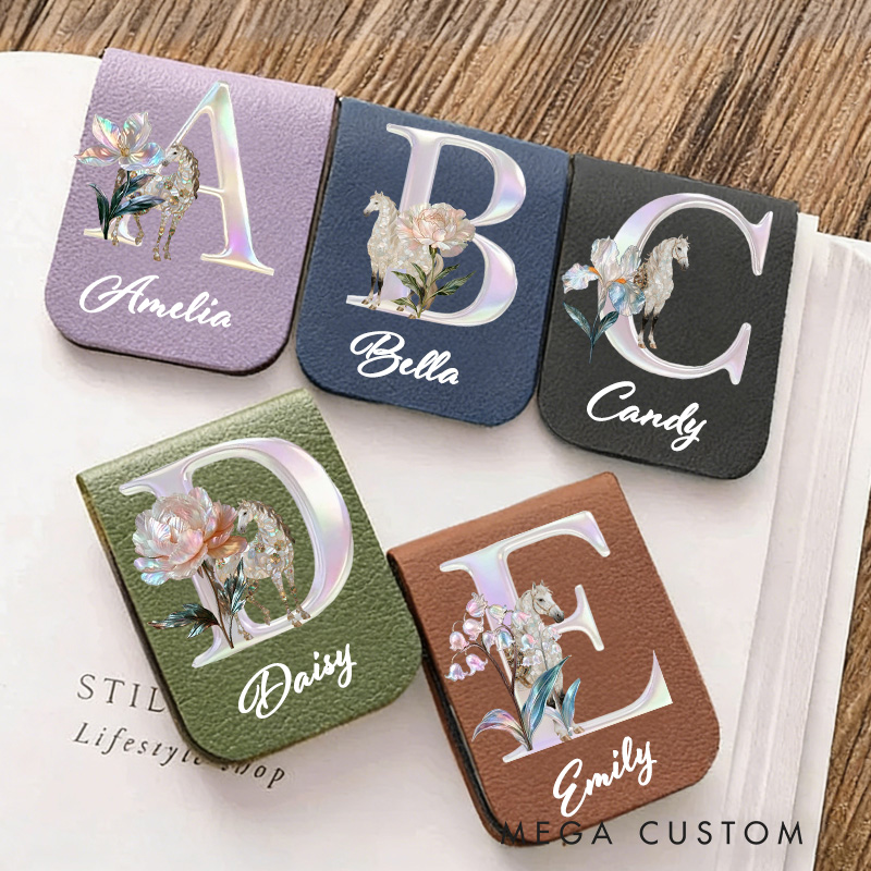Personalized Horse and Birth Flower PU Leather Magnetic Bookmark Clip with Name Daily Use Birthday Gift for Book Lovers Riding Lovers Equestrian Lovers