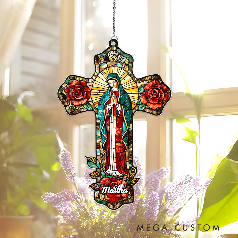Personalized Lady of Guadalupe Cross Suncatcher with Custom Name Religious Virgin Mary Window Decor Mother of God Catholic Gift for Her
