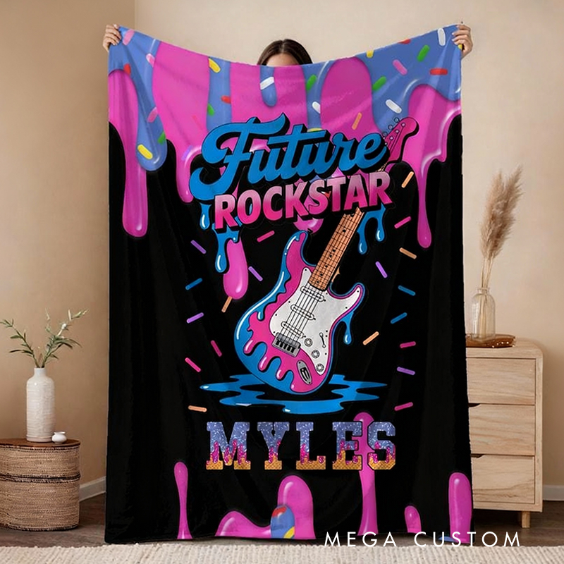 Personalized Future Rockstar Blankets for Kids with Name Electric Guitar Blanket Boys Room Decor Cool Custom Kids Blanket Music Lovers
