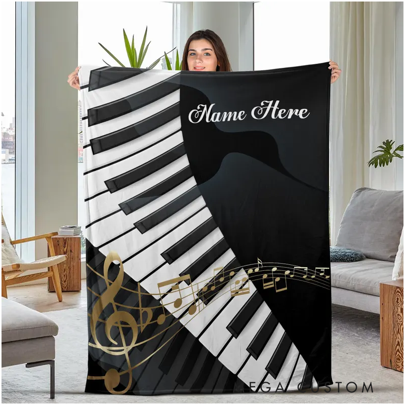 Personalized Piano Blanket Music Blanket Custom Name Velveteen Plush Blankets Gift for Piano Lover