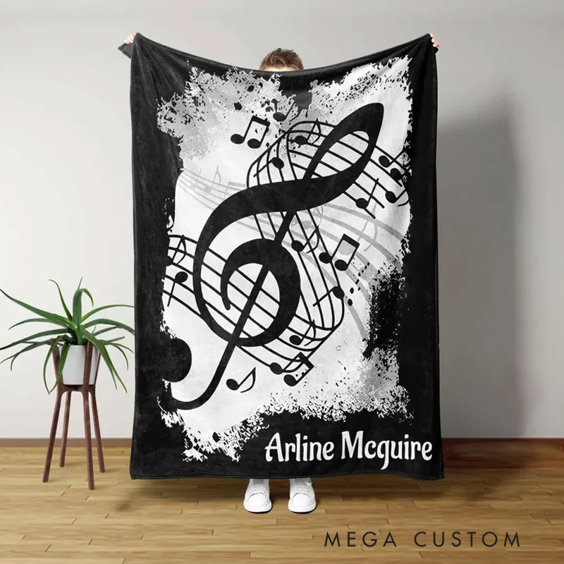 Personalized Music Notes Blanket Treble Clef Throw Blanket Music Lover Gift Custom Musician Blanket Black and White Musical Decor