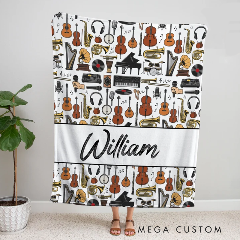 Personalized Music Blanket Custom Name Blanket Gift for Musician and Music Lover